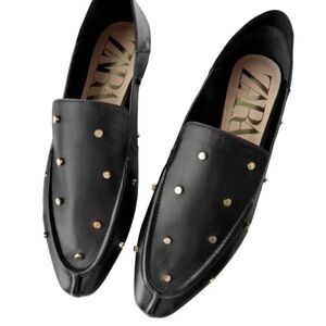 Zara Black Leather Studded Loafers